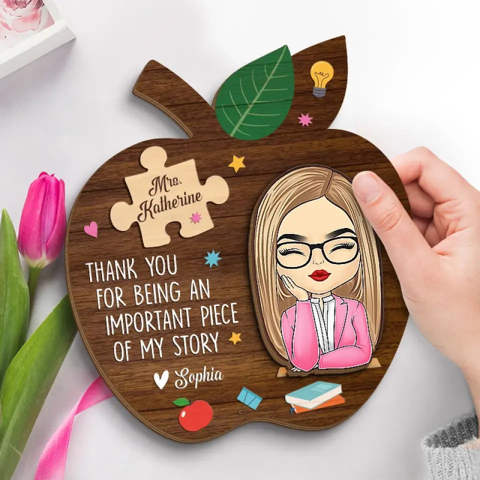 Merci d'être un élément important de mon histoire - Plaque en bois personnalisée à 2 couches avec support pour enseignant - Cadeau pour enseignant