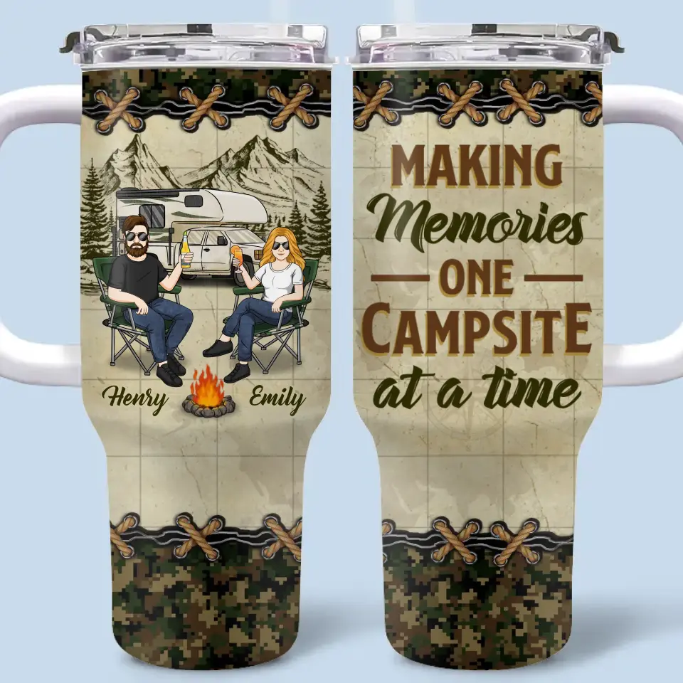 Notre histoire d'amour est un voyage - Gobelet personnalisé en acier inoxydable de 113 ml avec poignée - Cadeau pour mari, femme et amoureux du camping