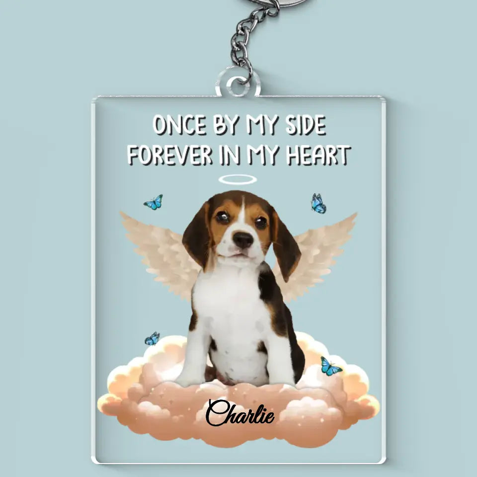 Porte-clés personnalisé en acrylique avec photo « Je te garderai dans mon cœur pour toujours » - Cadeau de condoléances pour les propriétaires d'animaux et les amoureux des animaux