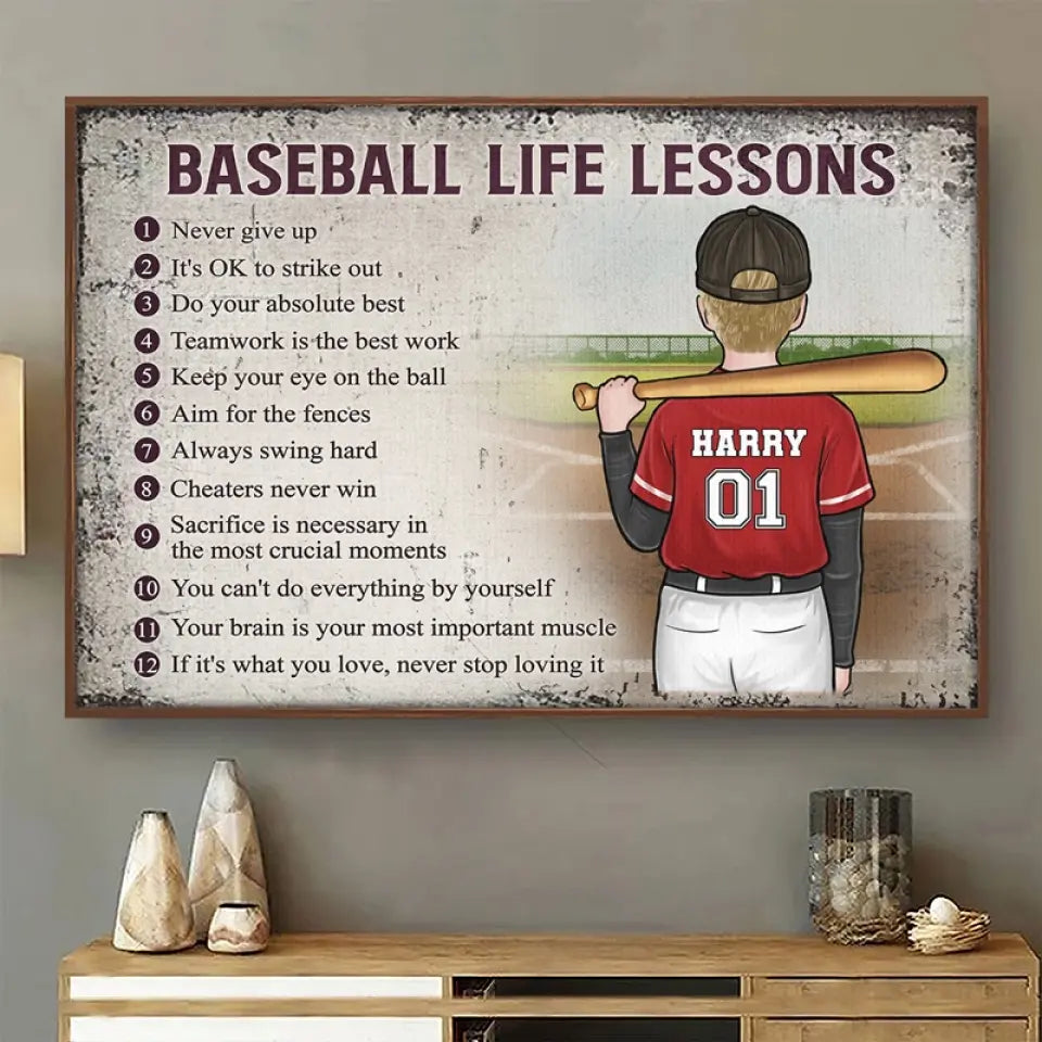 Gardez les yeux sur la balle - Affiche horizontale personnalisée pour la famille - Cadeau pour les membres de la famille, les joueurs de baseball et les amateurs de baseball