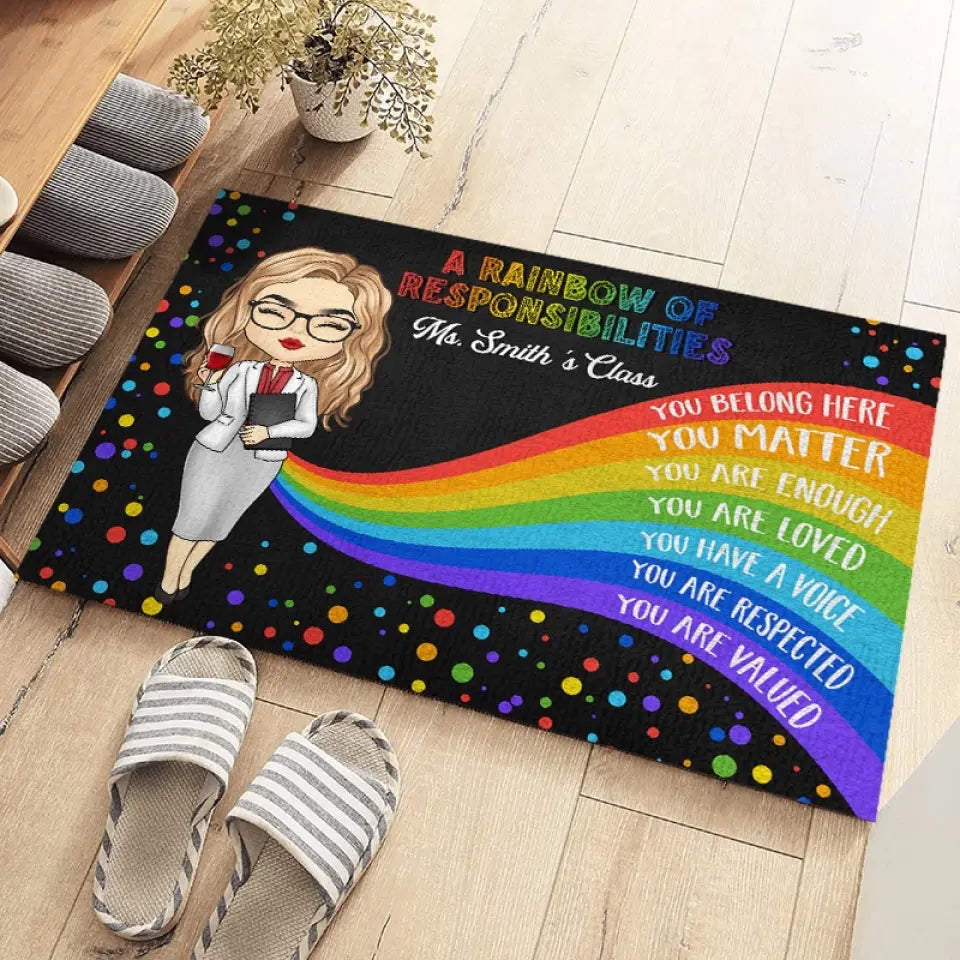 Un arc-en-ciel de responsabilités - Tapis décoratif personnalisé pour enseignant - Cadeau de pendaison de crémaillère pour enseignant
