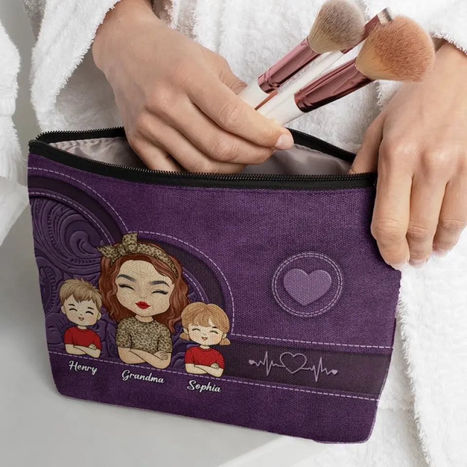 Un jardin d'amour pousse dans le cœur d'une grand-mère - Trousse de maquillage personnalisée pour la famille - Cadeau pour maman et grand-mère