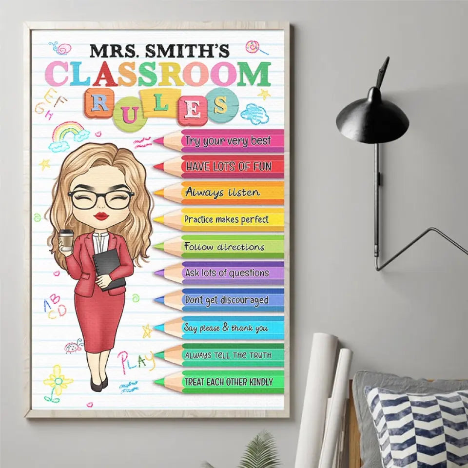 Restez calme et suivez les règles - Affiche verticale personnalisée pour enseignant - Cadeau pour enseignant