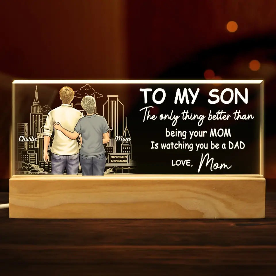 Je suis fier de mon fils – Veilleuse LED 3D personnalisée en acrylique avec lettres – Cadeau de pendaison de crémaillère pour fils et petit-fils