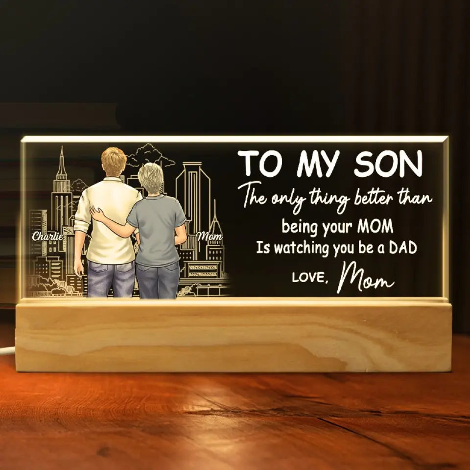 Je suis fier de mon fils – Veilleuse LED 3D personnalisée en acrylique avec lettres – Cadeau de pendaison de crémaillère pour fils et petit-fils