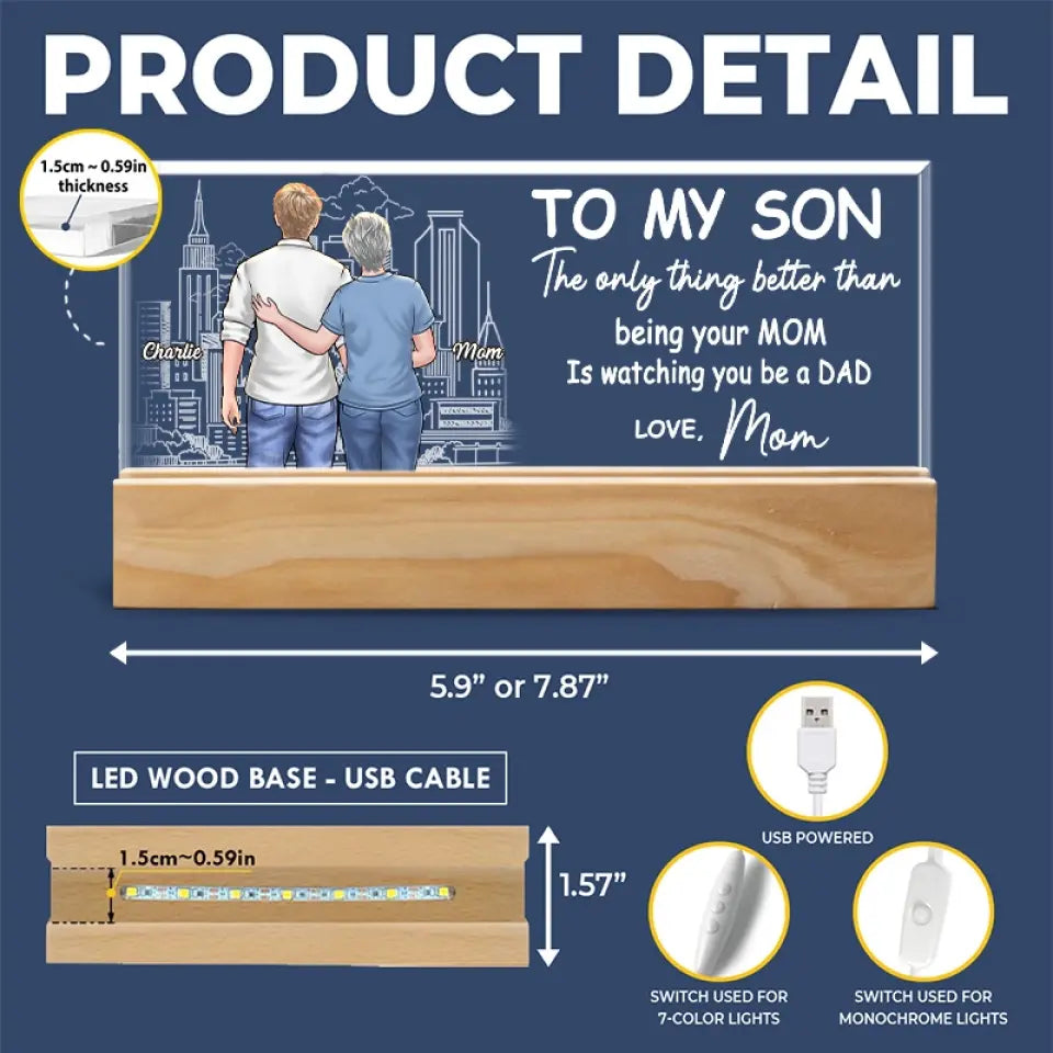 Je suis fier de mon fils – Veilleuse LED 3D personnalisée en acrylique avec lettres – Cadeau de pendaison de crémaillère pour fils et petit-fils
