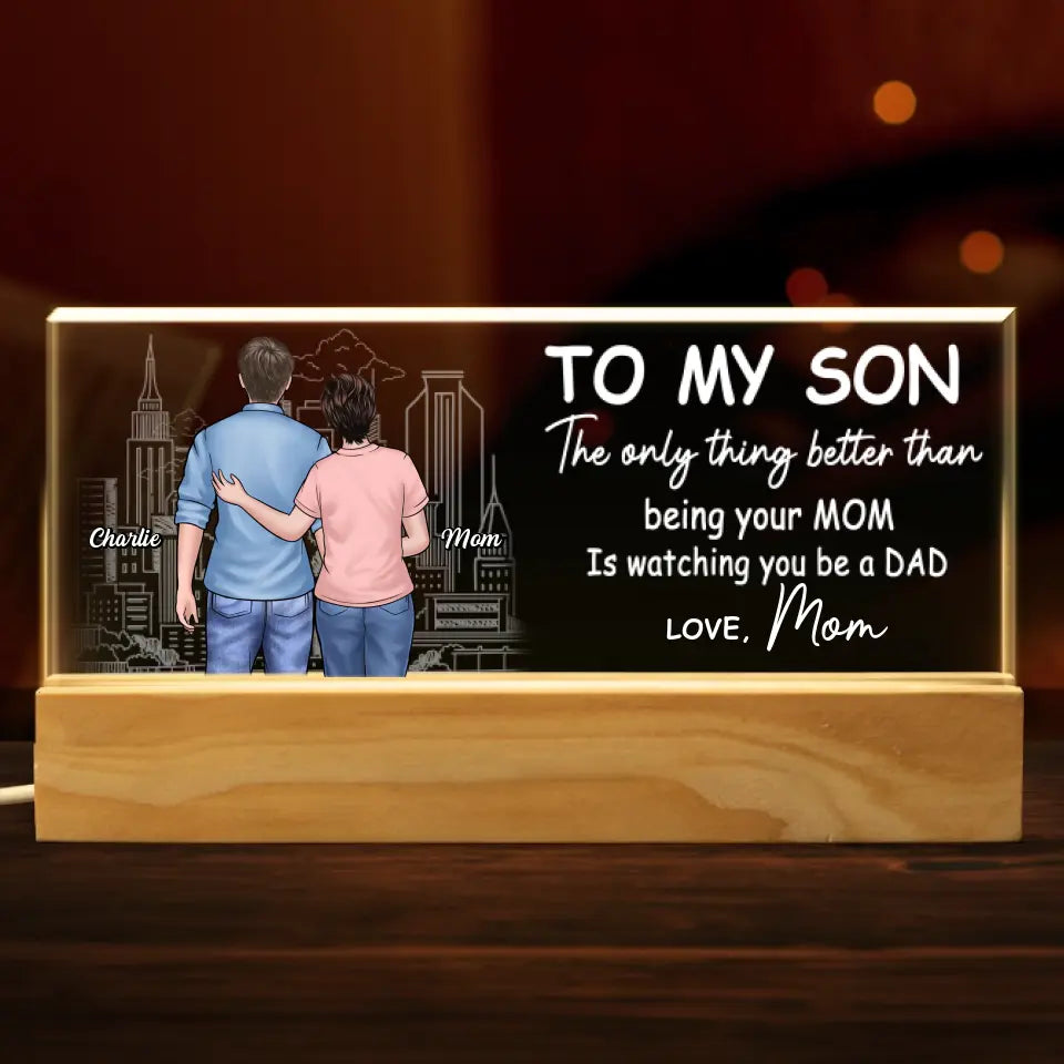 Je suis fier de mon fils – Veilleuse LED 3D personnalisée en acrylique avec lettres – Cadeau de pendaison de crémaillère pour fils et petit-fils