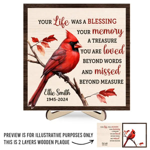 Votre vie a été une bénédiction - Plaque commémorative personnalisée en bois à 2 couches avec support - Cadeau de condoléances pour les membres de la famille