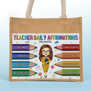 Affirmations quotidiennes pour enseignant(e) - Sacs fourre-tout personnalisés, sacs fourre-tout en jute, sacs de plage - Cadeau pour enseignant(e)