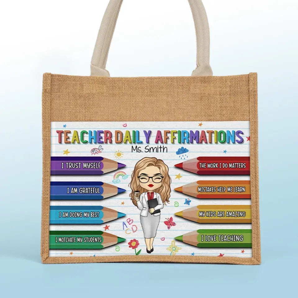 Affirmations quotidiennes pour enseignant(e) - Sacs fourre-tout personnalisés, sacs fourre-tout en jute, sacs de plage - Cadeau pour enseignant(e)