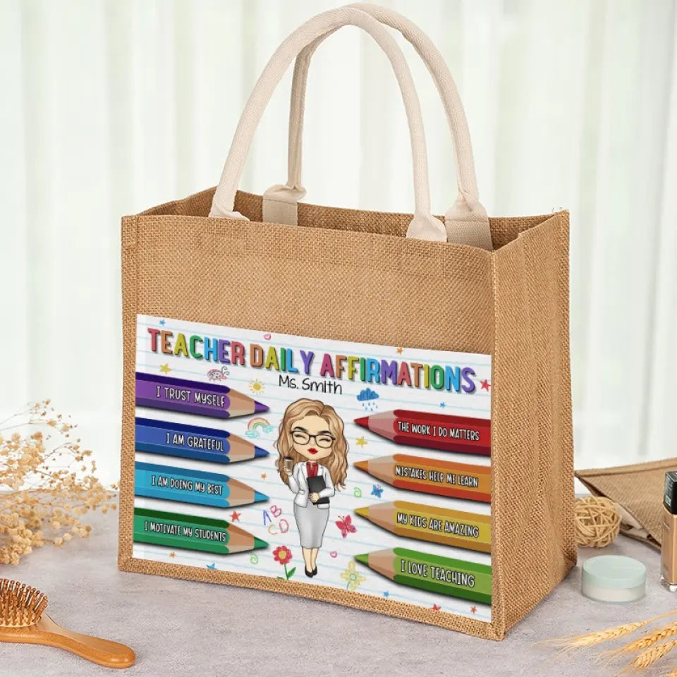 Affirmations quotidiennes pour enseignant(e) - Sacs fourre-tout personnalisés, sacs fourre-tout en jute, sacs de plage - Cadeau pour enseignant(e)