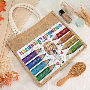 Affirmations quotidiennes pour enseignant(e) - Sacs fourre-tout personnalisés, sacs fourre-tout en jute, sacs de plage - Cadeau pour enseignant(e)