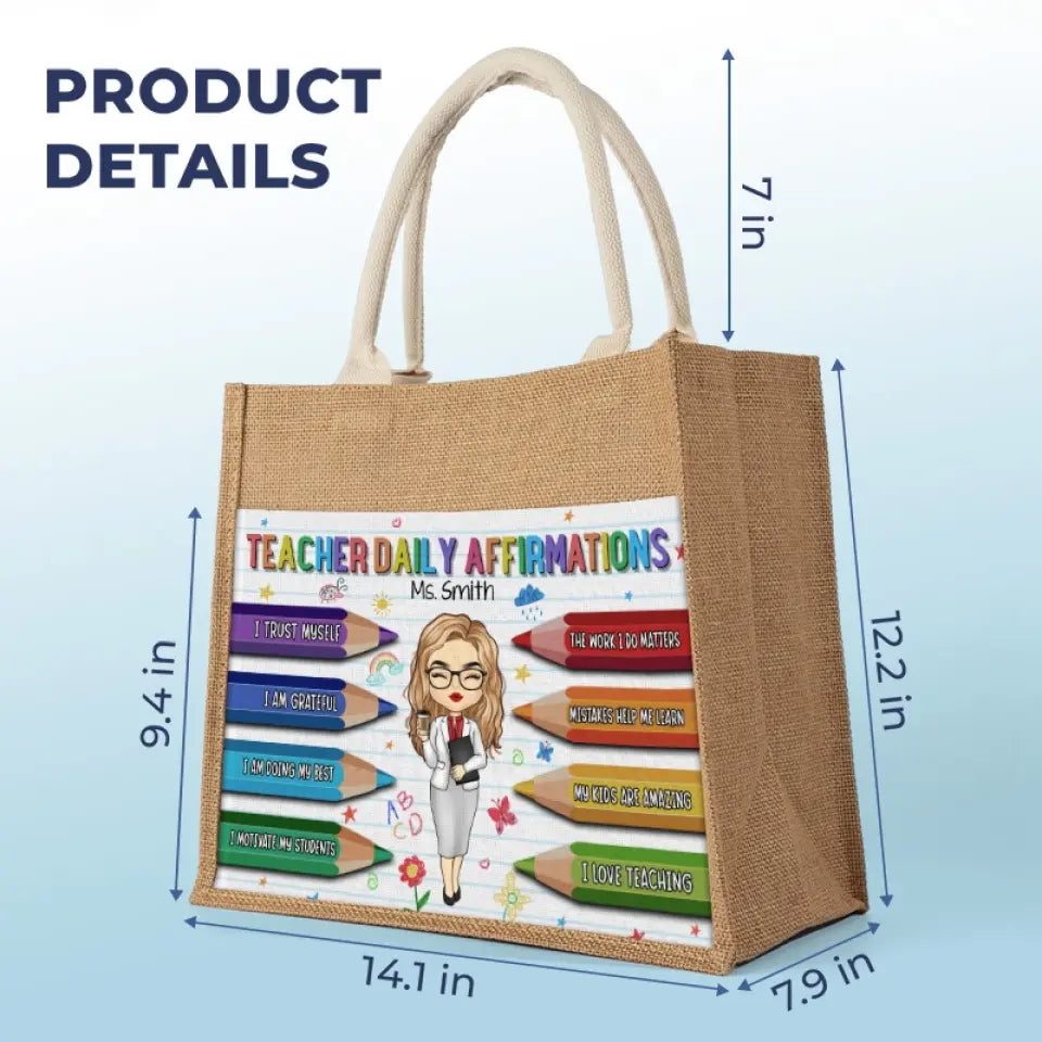 Affirmations quotidiennes pour enseignant(e) - Sacs fourre-tout personnalisés, sacs fourre-tout en jute, sacs de plage - Cadeau pour enseignant(e)