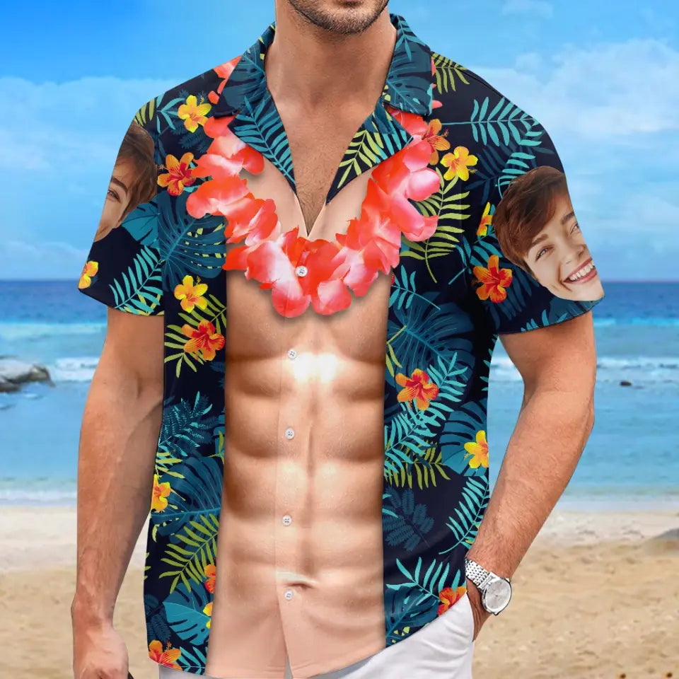 T-shirt hawaïen tropical unisexe personnalisé avec photo « La vie est une vague, attrape-la » - Cadeau de vacances d'été, cadeau pour les membres de la famille