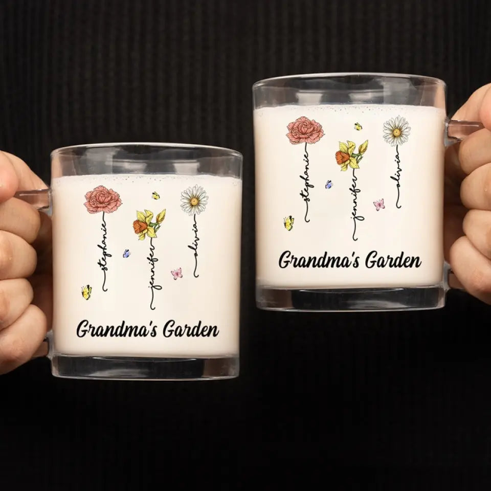 Le jardin préféré de ma grand-mère - Tasse en verre personnalisée pour la famille - Cadeau pour maman et grand-mère