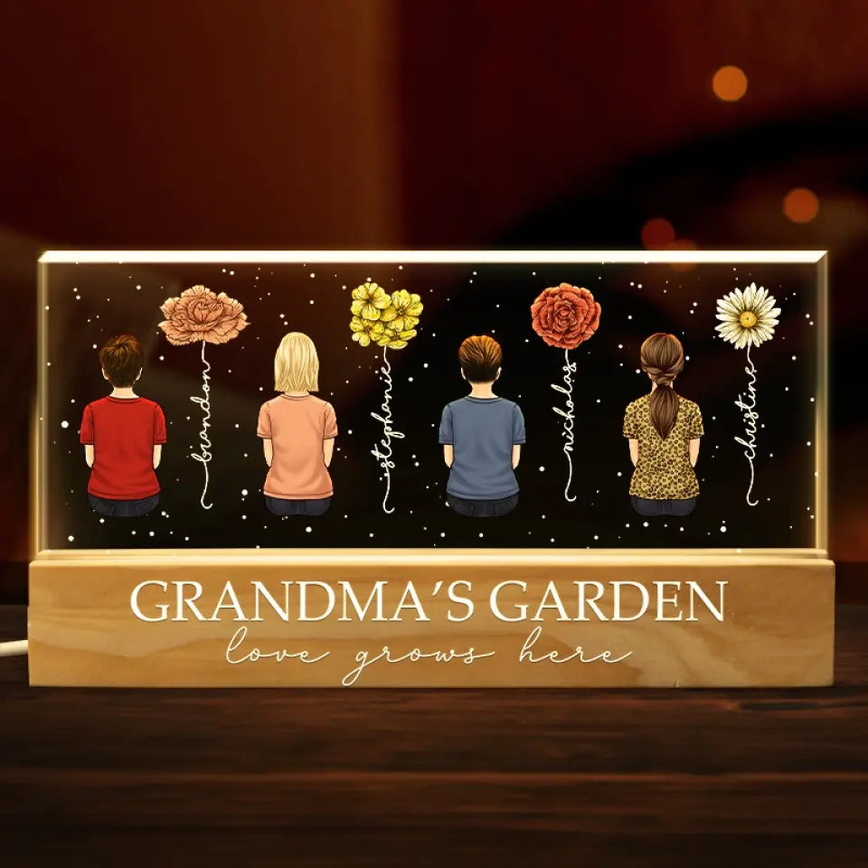 Un jardin d'amour pousse dans le cœur d'une grand-mère - Veilleuse LED 3D personnalisée en acrylique avec lettres - Cadeau pour maman et grand-mère