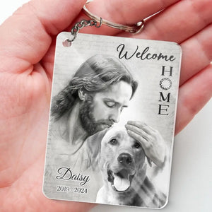 Porte-clés photo personnalisé « Bienvenue à la maison, ma chère » en acrylique personnalisé – Cadeau de condoléances pour les membres de la famille, les propriétaires d'animaux et les amoureux des animaux.