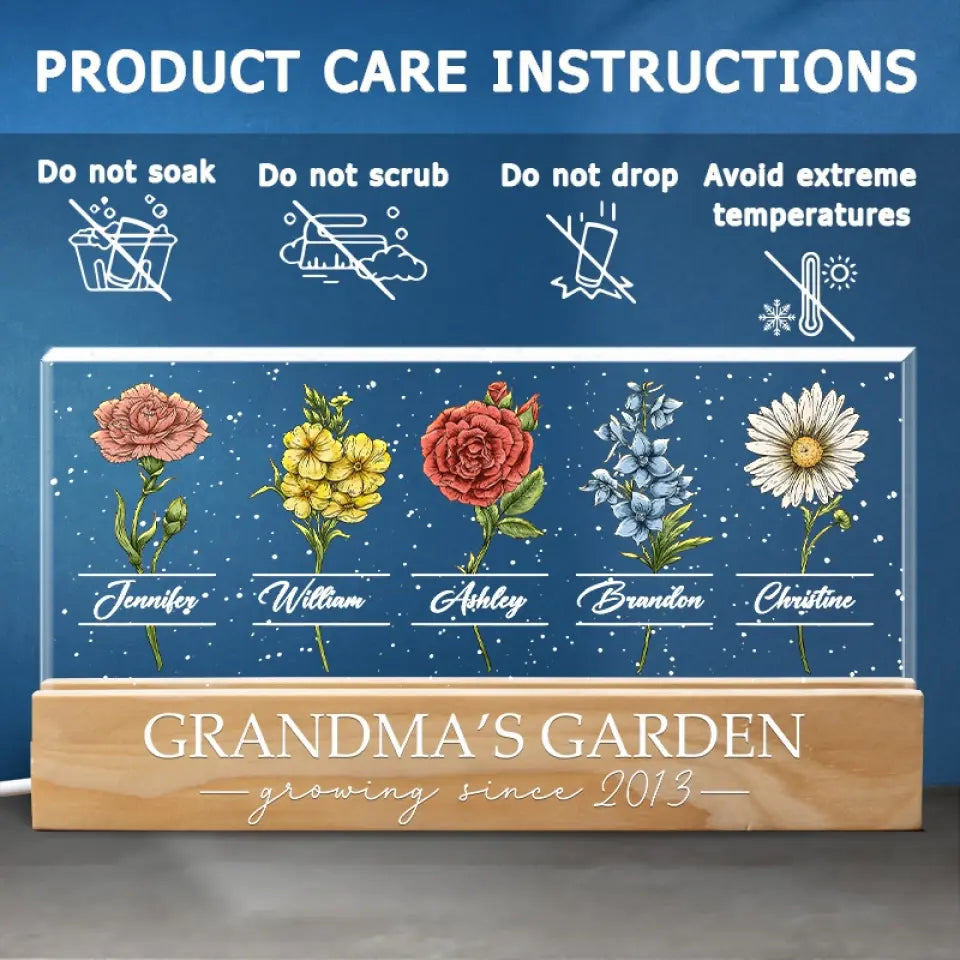 Un jardin d'amour pousse dans le cœur d'une grand-mère - Veilleuse LED 3D personnalisée en acrylique avec lettres - Cadeau pour maman et grand-mère