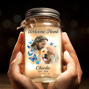 En sécurité dans les bras de Dieu - Lampe commémorative personnalisée en pot Mason - Cadeau de condoléances pour les membres de la famille, les propriétaires d'animaux et les amoureux des animaux