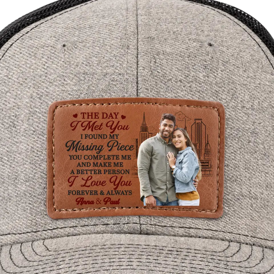 Photo personnalisée « J'ai trouvé la pièce manquante quand je t'ai rencontré » - Chapeau en cuir personnalisé pour couple - Cadeau pour mari et femme, anniversaire