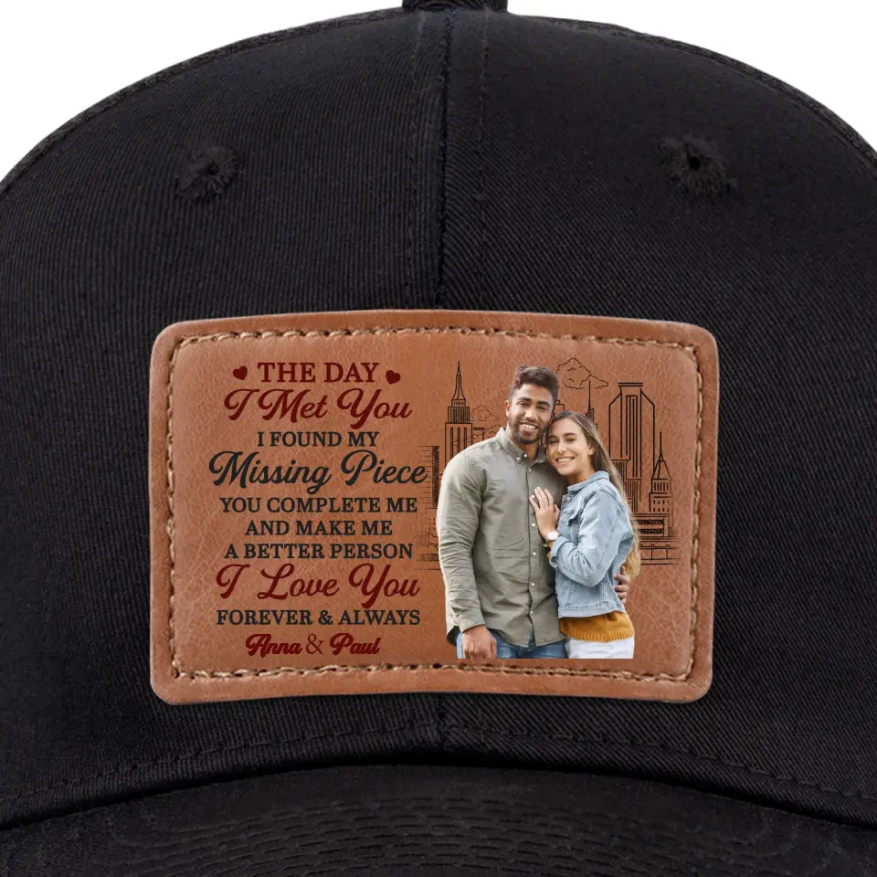 Photo personnalisée « J'ai trouvé la pièce manquante quand je t'ai rencontré » - Chapeau en cuir personnalisé pour couple - Cadeau pour mari et femme, anniversaire
