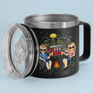 La vie est meilleure autour d'un feu de camp - Gobelet personnalisé en acier inoxydable de 14 oz avec poignée - Cadeau pour couple, mari, femme, amoureux du camping