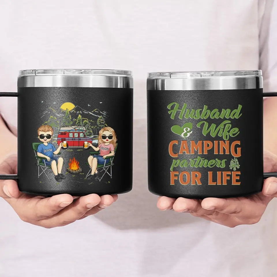 La vie est meilleure autour d'un feu de camp - Gobelet personnalisé en acier inoxydable de 14 oz avec poignée - Cadeau pour couple, mari, femme, amoureux du camping