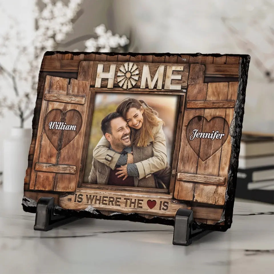 Photo personnalisée « La maison est là où se trouve le cœur » – Pierre rectangulaire personnalisée avec support pour couple – Cadeau pour mari et femme, anniversaire