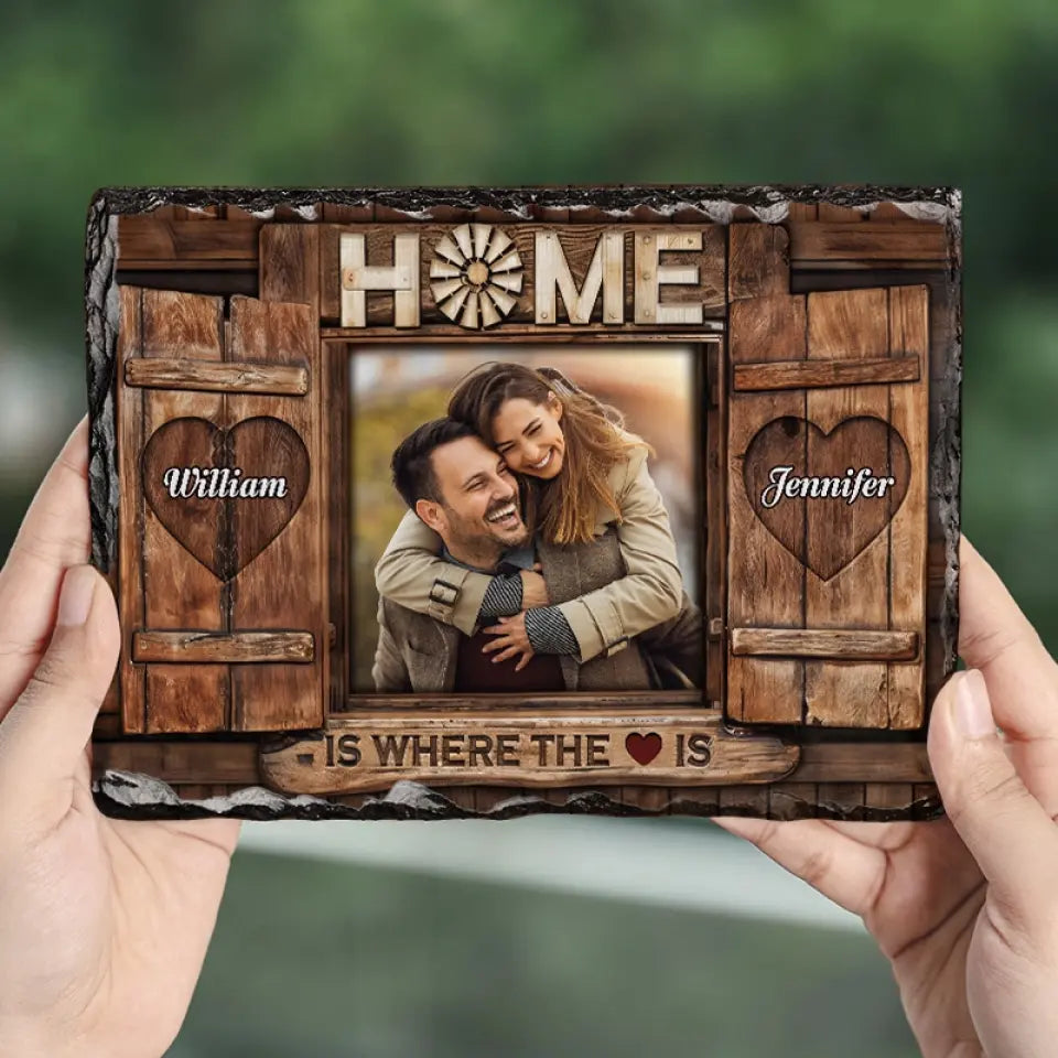 Photo personnalisée « La maison est là où se trouve le cœur » – Pierre rectangulaire personnalisée avec support pour couple – Cadeau pour mari et femme, anniversaire