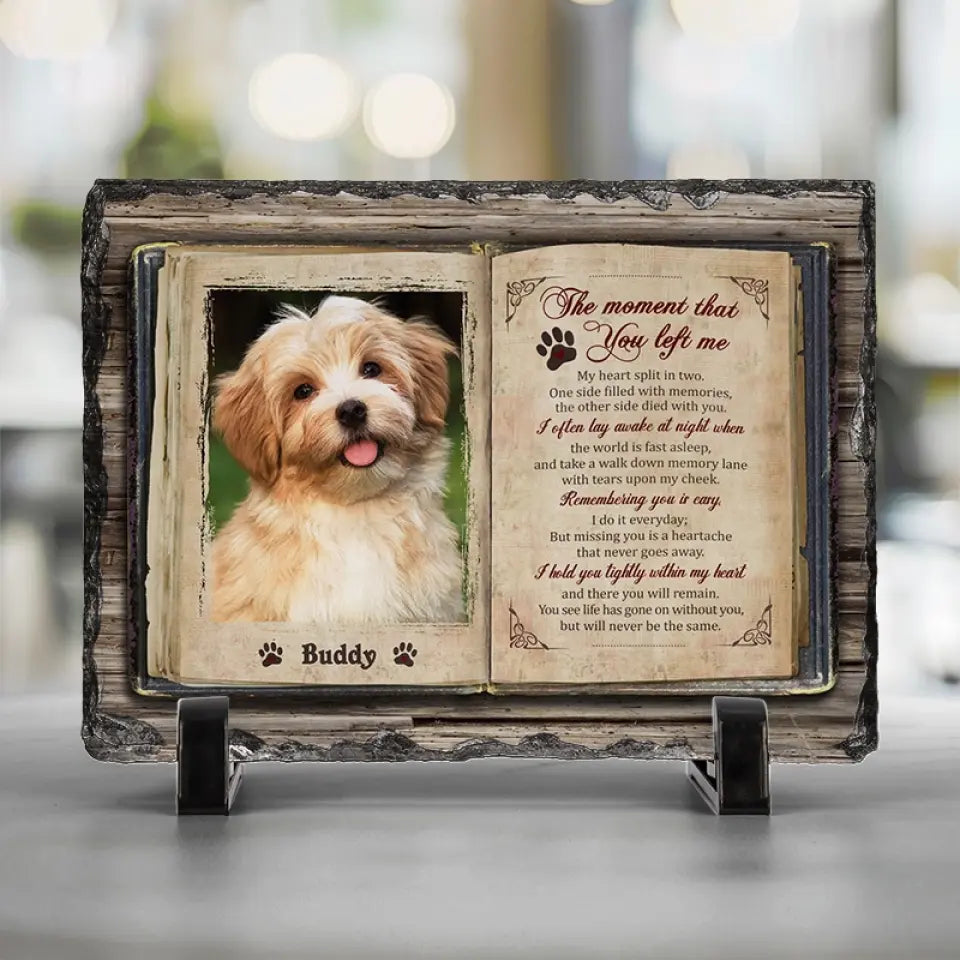 Photo personnalisée : « Je ne suis plus à mes côtés, mais je suis à jamais dans mon cœur » – Pierre commémorative rectangulaire personnalisée avec support – Cadeau de condoléances pour les propriétaires et les amoureux des animaux