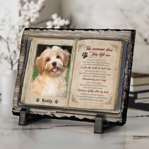 Photo personnalisée : « Je ne suis plus à mes côtés, mais je suis à jamais dans mon cœur » – Pierre commémorative rectangulaire personnalisée avec support – Cadeau de condoléances pour les propriétaires et les amoureux des animaux