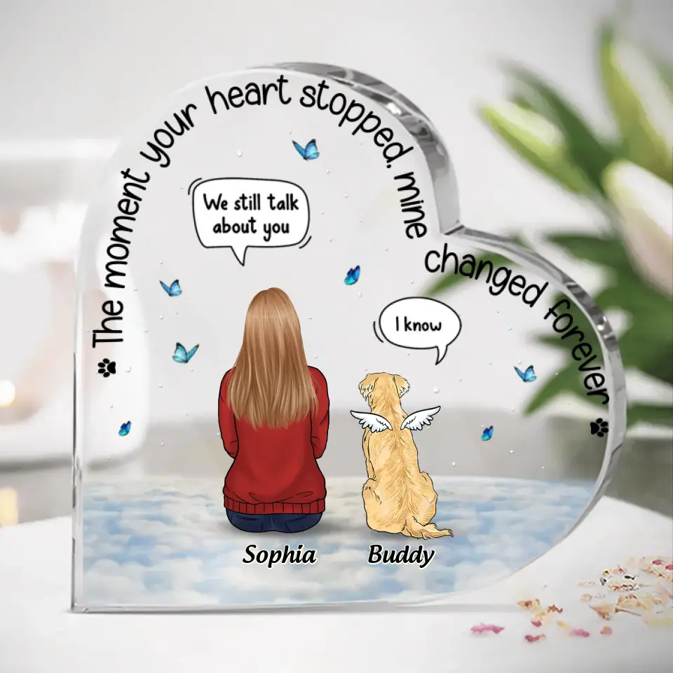 De beaux souvenirs gardés en silence - Plaque commémorative personnalisée en acrylique en forme de cœur - Cadeau de condoléances pour les propriétaires et les amoureux des animaux