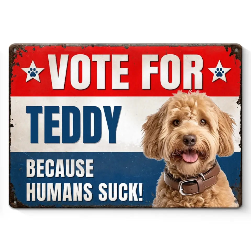 Photo personnalisée « Votez pour ces pattes » – Plaque en métal personnalisée pour chien et chat – Cadeau de pendaison de crémaillère pour propriétaires et amoureux des animaux