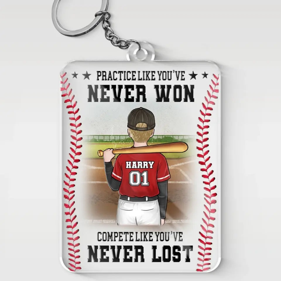 Pratiquez avec humilité, sans arrogance ! Porte-clés personnalisé en acrylique pour la famille ! Cadeau pour les membres de la famille, les joueurs de baseball et les passionnés de baseball.