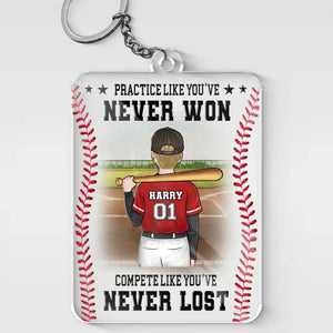 Pratiquez avec humilité, sans arrogance ! Porte-clés personnalisé en acrylique pour la famille ! Cadeau pour les membres de la famille, les joueurs de baseball et les passionnés de baseball.