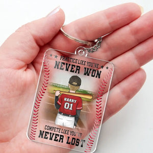 Pratiquez avec humilité, sans arrogance ! Porte-clés personnalisé en acrylique pour la famille ! Cadeau pour les membres de la famille, les joueurs de baseball et les passionnés de baseball.