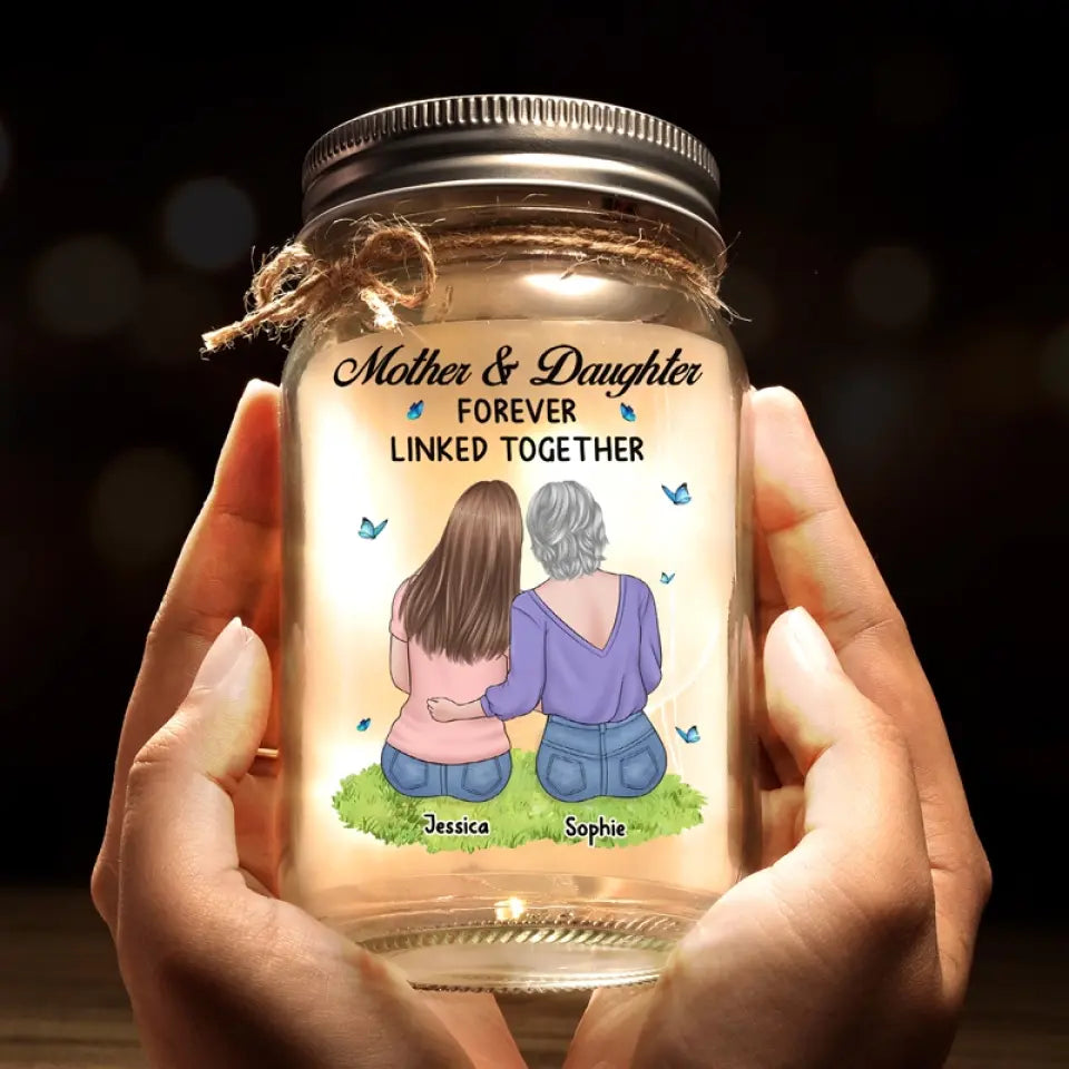 Mère et fille unies pour toujours - Lampe personnalisée en pot Mason - Cadeau pour maman et fille
