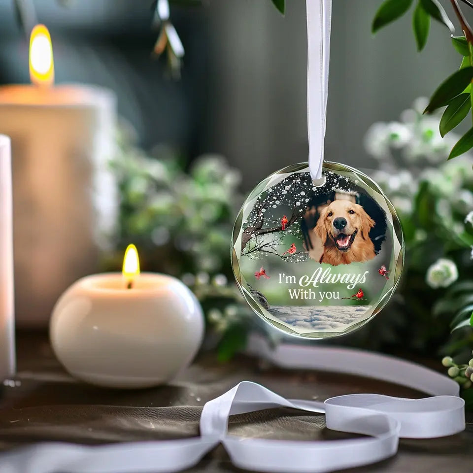 Photo personnalisée : un compagnon est parti, mais le souvenir perdure - Ornement en verre rond personnalisé commémoratif - Cadeau de condoléances pour les propriétaires et les amoureux des animaux