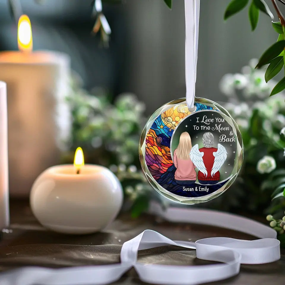 Je t'aime jusqu'à la lune et retour - Ornement en verre rond personnalisé commémoratif - Cadeau de condoléances pour les membres de la famille