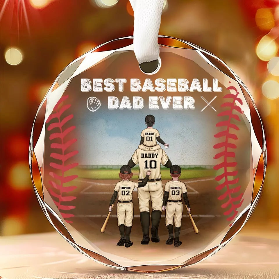 Meilleur papa de baseball de tous les temps - Décoration de Noël en verre personnalisée pour la famille - Cadeau pour les membres de la famille, les amateurs de sport et les joueurs de sport