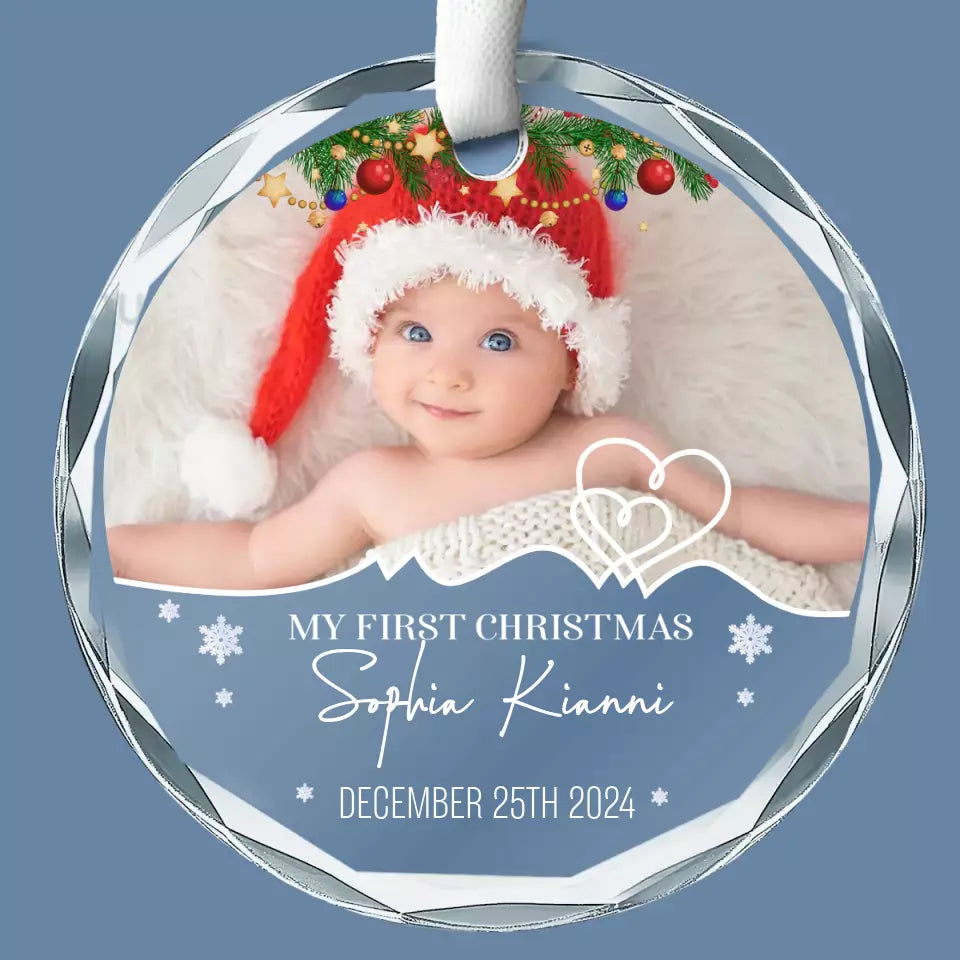 Photo personnalisée Mon premier Noël - Décoration de Noël en verre personnalisée en forme de cercle - Cadeau de Noël pour bébé, enfant et nouveau-né