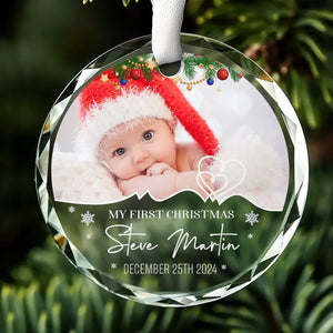 Photo personnalisée Mon premier Noël - Décoration de Noël en verre personnalisée en forme de cercle - Cadeau de Noël pour bébé, enfant et nouveau-né