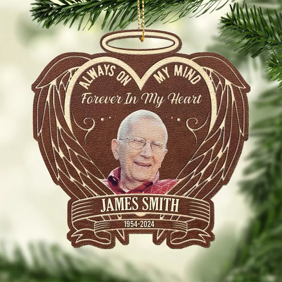 Photo personnalisée « Toujours dans mes pensées » – Ornement commémoratif en cuir personnalisé – Cadeau de Noël, cadeau de condoléances pour les membres de la famille