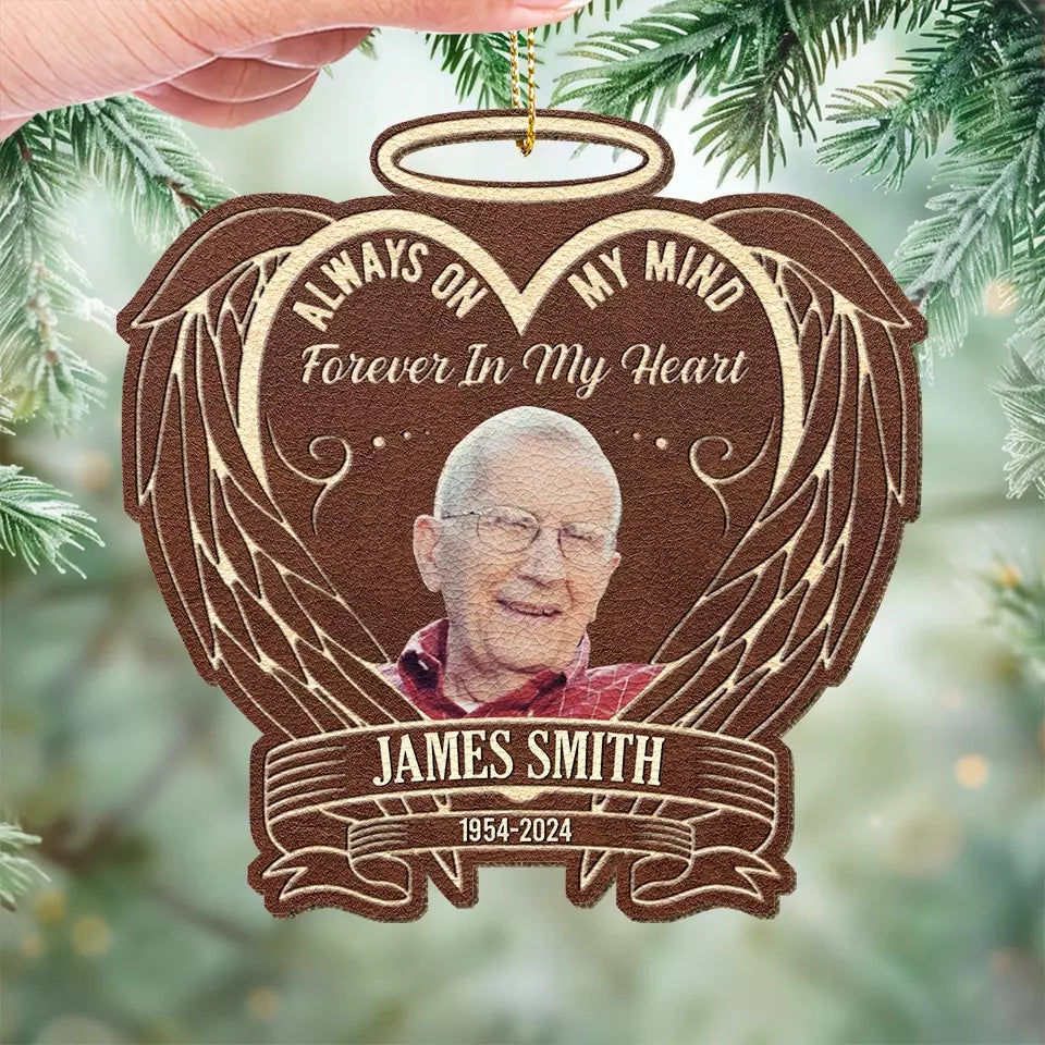 Photo personnalisée « Toujours dans mes pensées » – Ornement commémoratif en cuir personnalisé – Cadeau de Noël, cadeau de condoléances pour les membres de la famille
