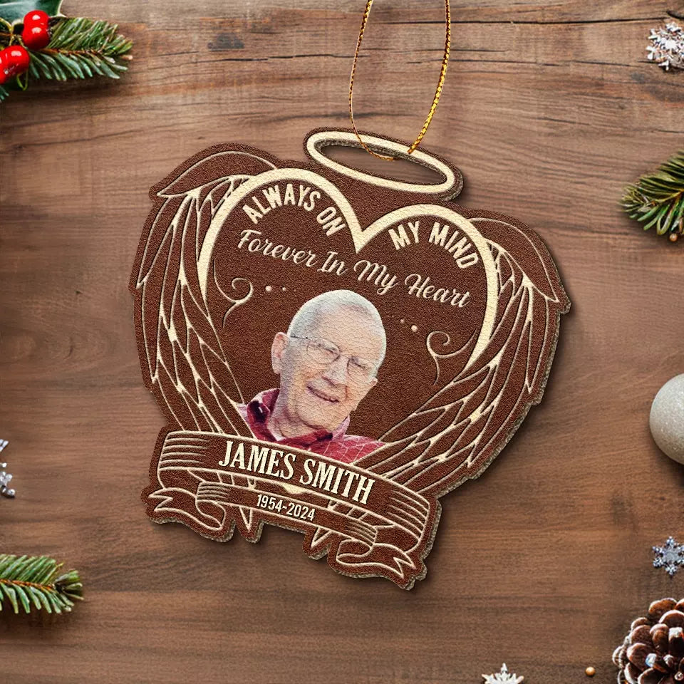 Photo personnalisée « Toujours dans mes pensées » – Ornement commémoratif en cuir personnalisé – Cadeau de Noël, cadeau de condoléances pour les membres de la famille