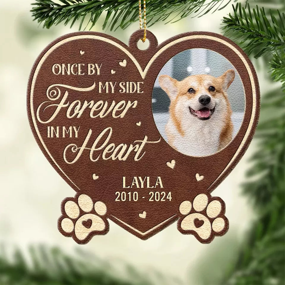 Photo personnalisée que vous avez laissée sur mon cœur - Ornement en cuir personnalisé commémoratif - Cadeau de Noël, cadeau de condoléances pour les propriétaires d'animaux et les amoureux des animaux