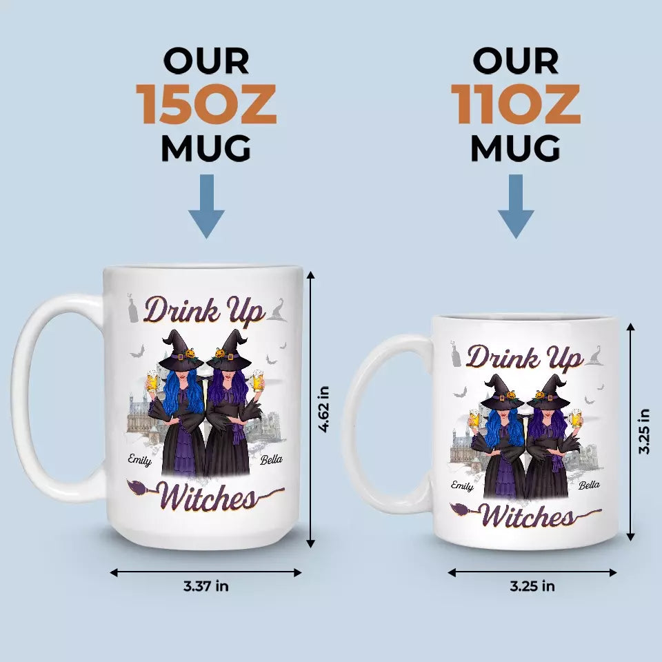 Drink Up Witches - Mug personnalisé Bestie - Cadeau d'Halloween pour meilleures amies, meilleures amies, sœurs