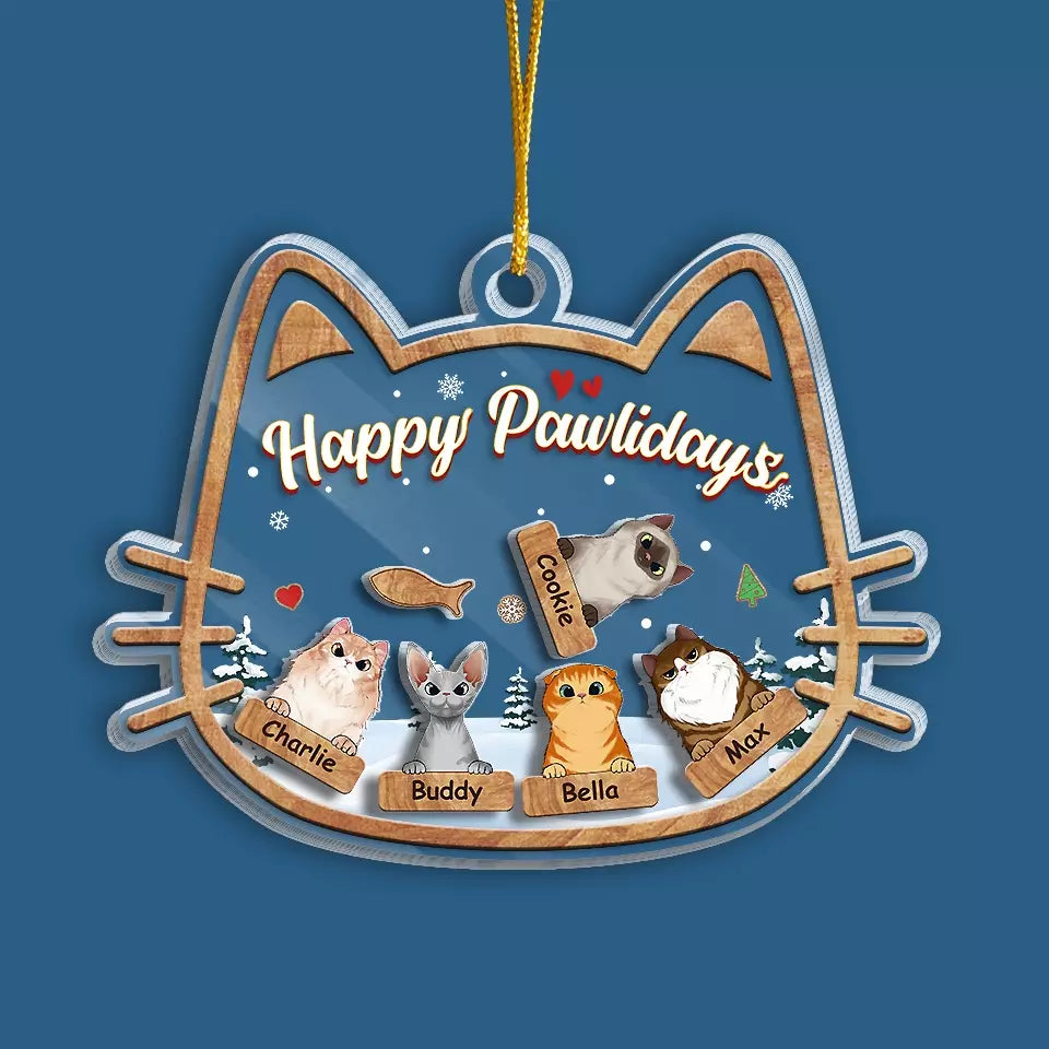 Joyeux Pawlidays - Ornement personnalisé à 3 étages en forme de chat - Cadeau de Noël pour les propriétaires et les amoureux des animaux