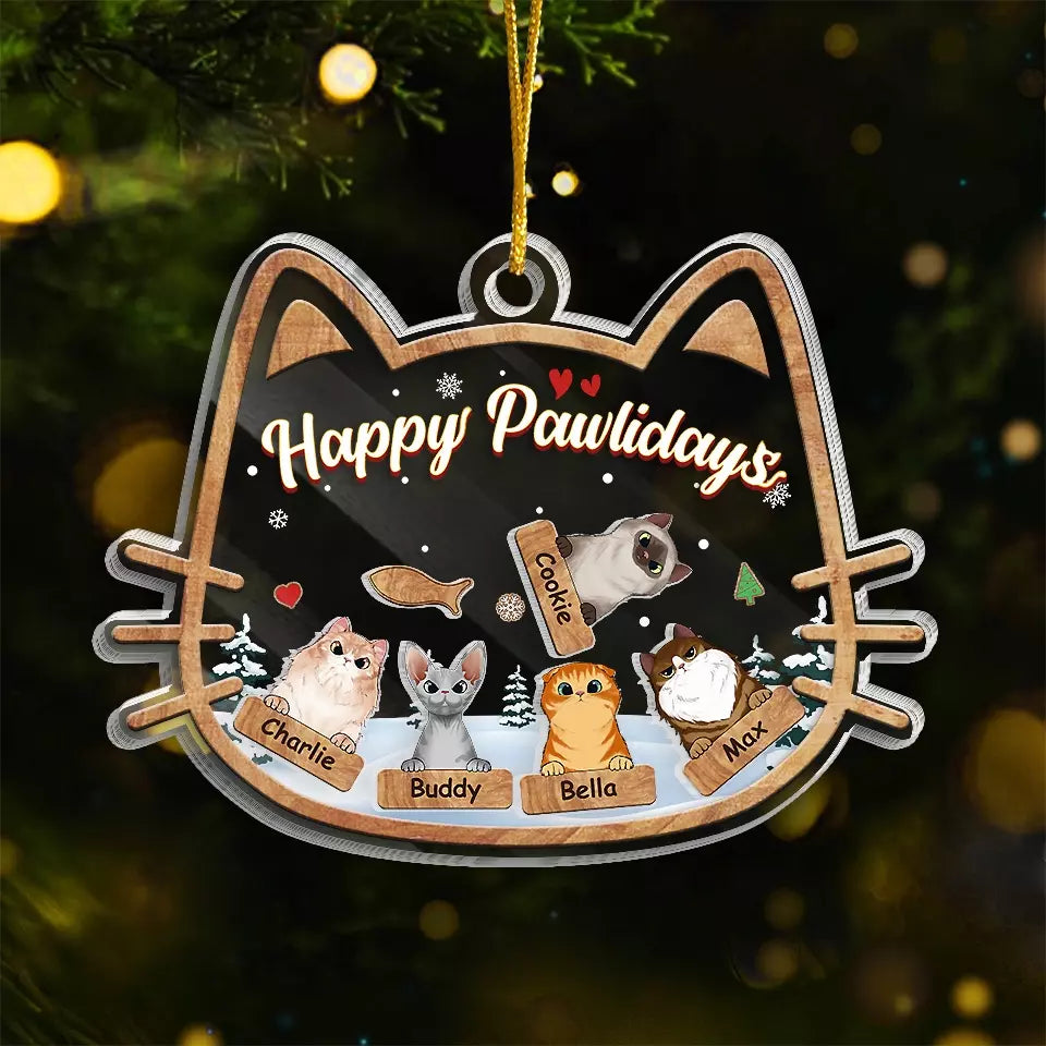 Joyeux Pawlidays - Ornement personnalisé à 3 étages en forme de chat - Cadeau de Noël pour les propriétaires et les amoureux des animaux