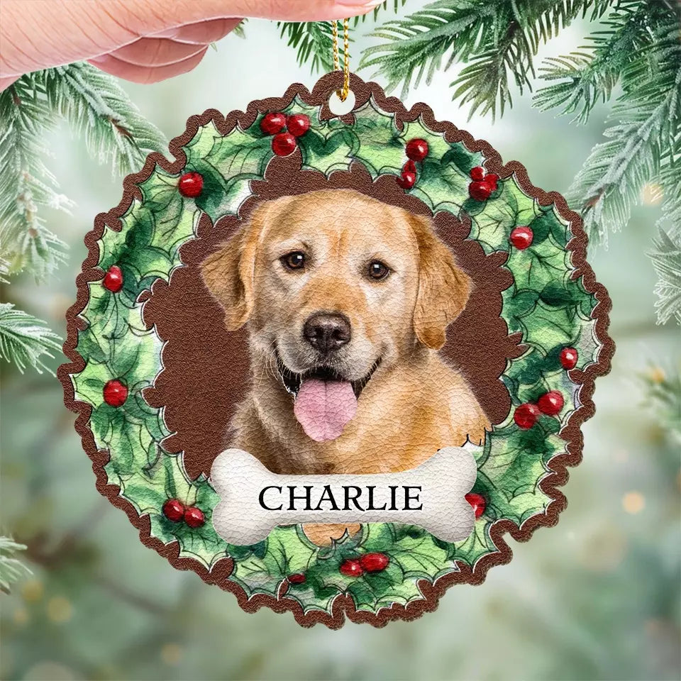 Photo personnalisée : « Je ne suis plus à mes côtés, mais pour toujours dans mon cœur » – Ornement commémoratif personnalisé en cuir – Cadeau de Noël, cadeau de condoléances pour les propriétaires d'animaux et les amoureux des animaux